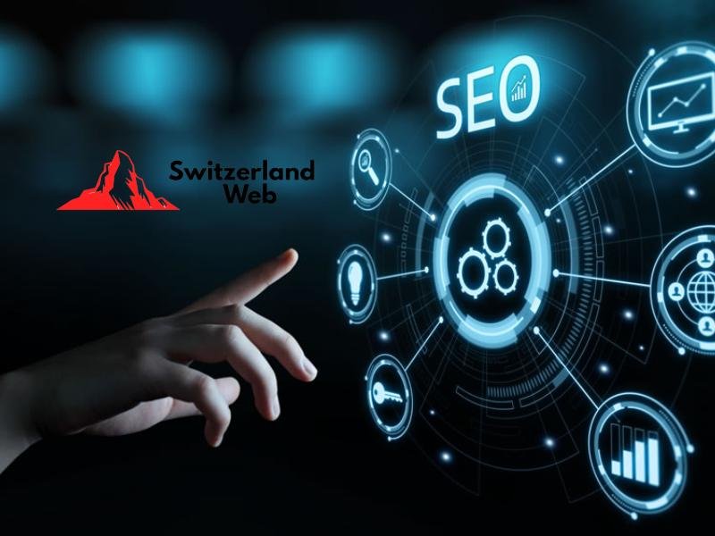 SEO Konzept Schweiz – Hand berührt digitales Interface mit Symbolen für Suchmaschinenoptimierung, Sichtbarkeit und Webperformance – Switzerland Web