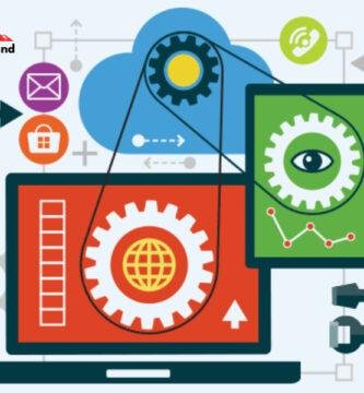 Website Entwicklung Schweiz – Illustration mit Zahnrädern, Laptop und Symbolen für Webdesign, SEO und Wartung – Symbolbild für günstige und professionelle Webseiten von Switzerland Web.