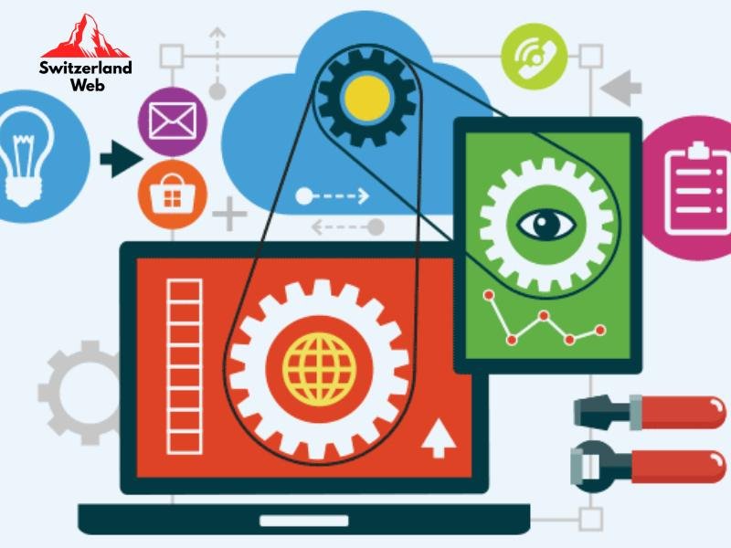 Website Entwicklung Schweiz – Illustration mit Zahnrädern, Laptop und Symbolen für Webdesign, SEO und Wartung – Symbolbild für günstige und professionelle Webseiten von Switzerland Web.