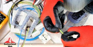 Swiss self-employed electrician working with cables – symbol of precision, reliability, and professionalism, with Switzerland Web logo