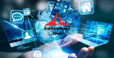 Hand holding digital icons symbolizing business digitalization in Switzerland, with the Switzerland Web logo.