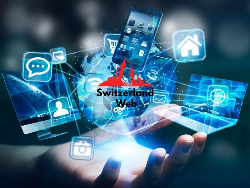 Hand holding digital icons symbolizing business digitalization in Switzerland, with the Switzerland Web logo.