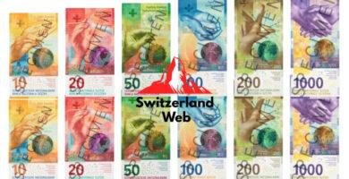 Billets de francs suisses représentant le coût d’un site web en Suisse – logo SwitzerlandWeb au centre.