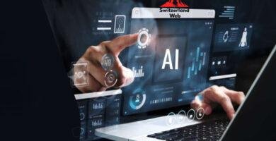 Webdesign mit Künstlicher Intelligenz (KI) – Person arbeitet am Laptop mit digitalen Schnittstellen, Symbolbild für AI Website Erstellung in der Schweiz – Switzerland Web