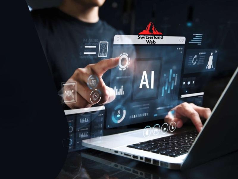 Webdesign mit Künstlicher Intelligenz (KI) – Person arbeitet am Laptop mit digitalen Schnittstellen, Symbolbild für AI Website Erstellung in der Schweiz – Switzerland Web