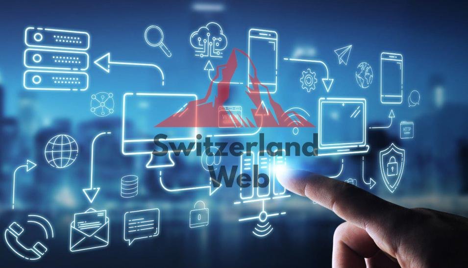 Digital network with computer and cloud icons – modern Swiss web design by Switzerland Web