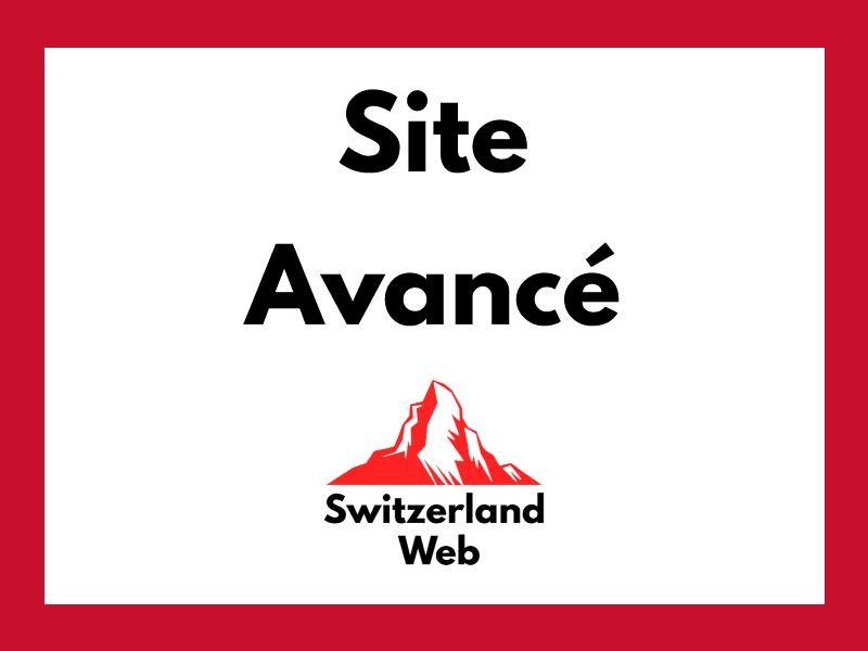 Bannière avec le texte "Site avancé" et le logo Switzerland Web – site web multilingue avec optimisation SEO avancée en Suisse.
