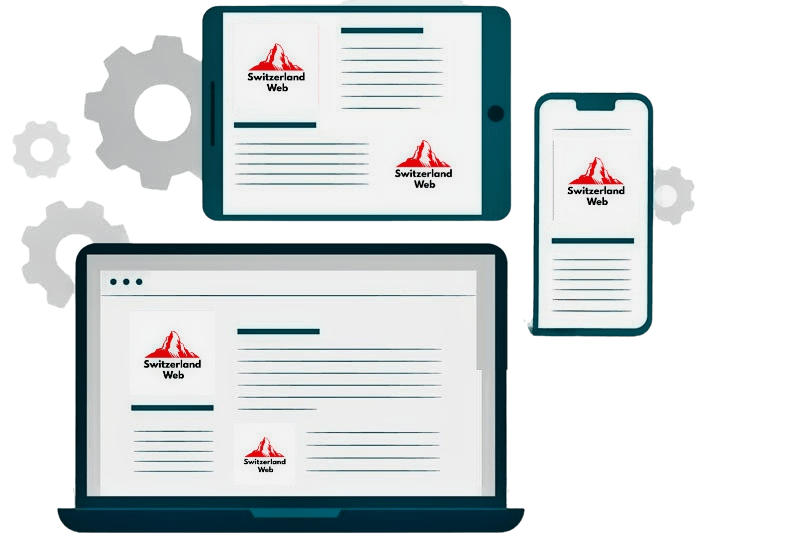 Illustration von Laptop, Tablet und Smartphone mit Switzerland Web Logo – Zusatzleistungen für professionelles Webdesign Schweiz, wie Wartung, SEO und E-Mail.
