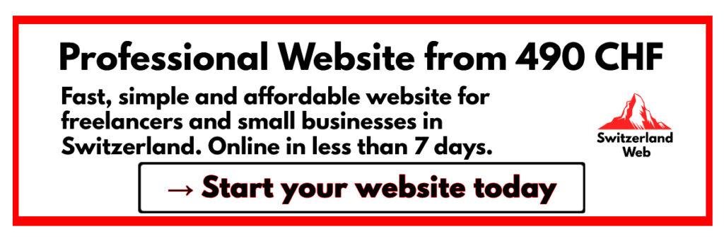 Professional Website from 490 CHF

Fast, simple and affordable website for freelancers and small businesses in Switzerland.
Your website online in less than 7 days.

→ Get your website in 7 days